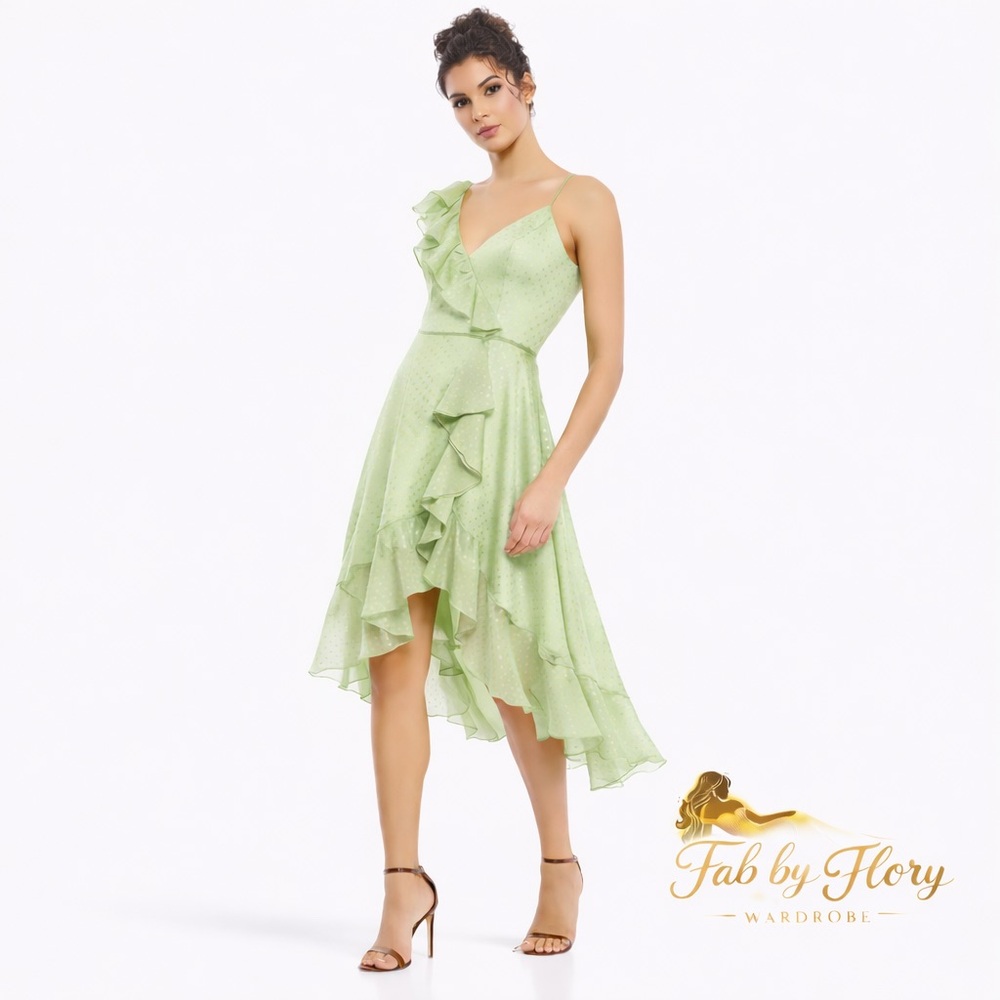 Mac Duggal V-Neck Ruffled Faux Wrap Hi Low Midi Dress